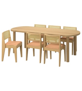 Yemek Masası Takımı, Meşe Kaplama-Meşe Rattan, 6 sandalyeli, Sabit, 230x90 cm