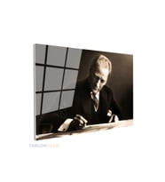 Yatay Cam Tablo Salon Duvar Tablosu Yatay Cam Ataturk Yazi Yazarken Yeni Ev Hediyesi Ofis Tablosu