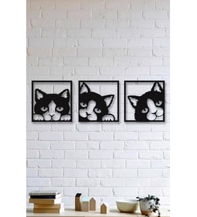3 lü Kedi Duvar Tablosu Ahşap Kedi Tablosu MDF Kedi Tablosu (Siyah - Beyaz)