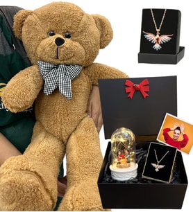 Renkli Zümdürü Anka Kuşu Kolyeli Fotoğraflı Premium Hediye Seti - Büyük Kahverengi Peluş Ayıcıklı (Model 7)