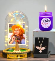 Kişiye Özel Led Işıklı Fanus, Kokulu Mum ve Gerçek Ametist Taşlı Anka Kuşu Kolye (Model 8)
