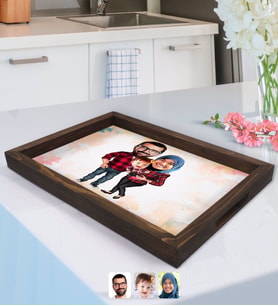 BK Gift Kişiye Özel Tesettürlü Aile Karikatürlü Doğal Ahşap Tepsi-2