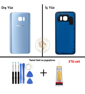 Samsung Galaxy S7 Mavi Renk Arka Kapak + Tamir Seti + B7000 Yapıştırıcı Arka Cam Batarya Kapağı Pil Kapağı Lazer Kesim Back Cover Galaxy S7 Uyumlu