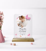 BK Gift Kişiye Özel Fotoğraflı Hoşgeldin Bebek Tasarımlı Ahşap Standlı Çerçeve Pembe-1