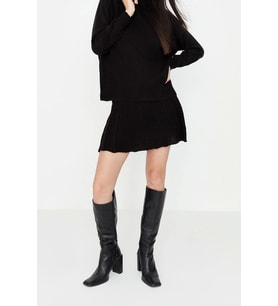 Moda Yüksek Bel Düz Dik Yaka Reglan Kol Casual Günlük Fırfır Detaylı Dik Yaka Triko Alt-Üst Takım (Siyah)