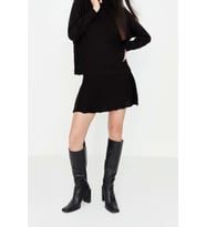Moda Yüksek Bel Düz Dik Yaka Reglan Kol Casual Günlük Fırfır Detaylı Dik Yaka Triko Alt-Üst Takım (Siyah)