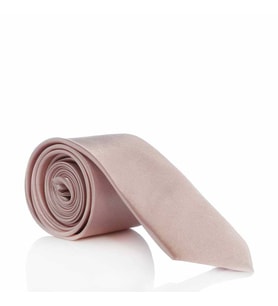 Pudra Pembe Slim Fit (ince) Düz Renk Mendilli Saten Kravat - SS-39__ (Renksiz)
