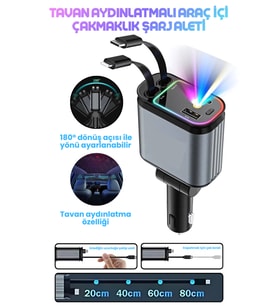 Led Işık Tavan Aydınlatmalı 66 Watt 4in1 Çift Kablolu Hızlı Şarj 3.4A Araç İçi Çakmaklık Şarj Aleti