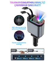 Led Işık Tavan Aydınlatmalı 66 Watt 4in1 Çift Kablolu Hızlı Şarj 3.4A Araç İçi Çakmaklık Şarj Aleti