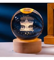 3D Kristal Cam Küre Ahşap Kaideli Gece Lambası - Atlıkarınca