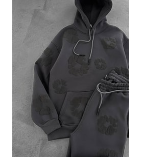 OVERSIZE ŞARDONLU KAPŞONLU EŞOFMAN TAKIM - ÇİÇEK DESENLİ SWEATSHIRT PANTOLON