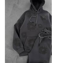 OVERSIZE ŞARDONLU KAPŞONLU EŞOFMAN TAKIM - ÇİÇEK DESENLİ SWEATSHIRT PANTOLON (Antrasit)