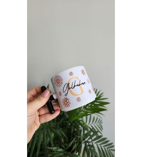 İsme Özel Kişiye Özel Porselen Papatya Desenli T Kupa Bardak Latte Fincanı