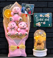 Kişiye Özel Fotoğraflı Set  Led Işıklı Fanus ve Fotoğraf Büyük Boy 3'lü Pembe Ayıcık Buketi (Model 4)
