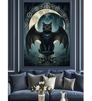 Yarasa Kanatlı Kara Kedi Siyah Sanat Dekoratif Kanvas - Mdf Ahşap Tablo