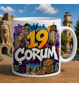 Çorum Temalı Memleket Kupası – 19 Çorum Hattuşa Saat Kulesi ve Leblebi Graffiti Baskılı Seramik Kupa