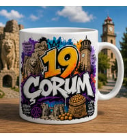 Çorum Temalı Memleket Kupası – 19 Çorum Hattuşa Saat Kulesi ve Leblebi Graffiti Baskılı Seramik Kupa