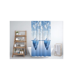 Banyo Perdesi Buz Dağlı Desenli Mavi Duş Perdesi Plastik C-Halka Hediye 180x200cm Banyo Perdeleri
