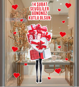 Hediye ve Kalp Tasarımlı Romantik 14 Şubat Sticker - Sevgililer Günü Cam Kapı Vitrin Mağaza Süsleme