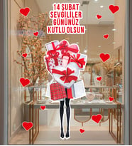 Hediye ve Kalp Tasarımlı Romantik 14 Şubat Sticker - Sevgililer Günü Cam Kapı Vitrin Mağaza Süsleme