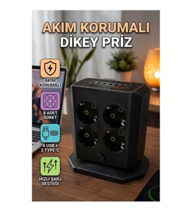 8'li Dikey Çoklu Priz 4 USB 2 Type-C Akım Korumalı Hızlı Şarj