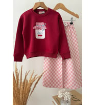 Kavanoz Baskılı Sweatshirt ve Kareli Pantolonlu Kız Çocuk 2’li Takım - Kırmızı