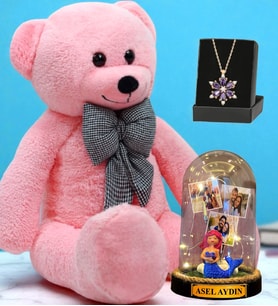 Pembe Peluş Ayıcık, Kişiye Özel Led Işıklı Fanus ve Gerçek Ametist Taşlı Lotus Kolye (Model 7)