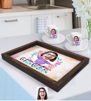 BK Gift Kişiye Özel O Bir Çiçek Karikatürlü Doğal Ahşap Tepsi ve 2’li Kahve Fincan Seti-3