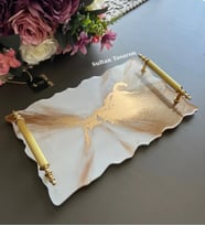 Altın Varaklı Dikdörtgen Dalgalı Desenli Iki Kişilik Söz Nişan Damat Epoksi Sunum Tepsisi (Altın-Beyaz)