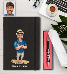 Kişiye Özel Şapkalı Adam Karikatürlü Defter ve Kalem