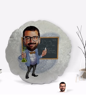 BK Gift Kişiye Özel Erkek Kimya Öğretmeni Karikatürlü Yuvarlak Dekoratif Kırlent Yastık-1