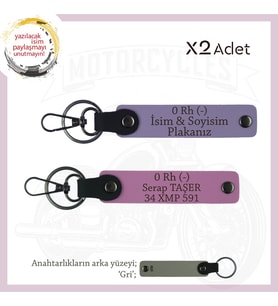 Motor Severlere Özel, İsim Plaka, 0 Rh (-) Kan Grubu Yazılı Özel Tasarım x2 Anahtarlık, Mor-Pembe-Gr (Çok Renkli)
