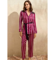 Giyim Saten Çizgili Düğmeli Uzun Kol Dantelli Gömlek Ve Pantolon Pijama Takım (9765)