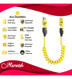 65W Yaylı Hızlı Şarj Kablosu Type-C & Lightning PD Destekli, Dolaşmaz Spiral Tasarım, 1.5m Uzayabilir, Araç & Ev Uyumlu Şarj ve Veri Kablo