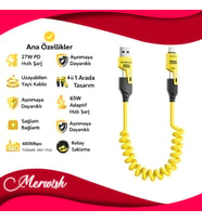 65W Yaylı Hızlı Şarj Kablosu Type-C & Lightning PD Destekli, Dolaşmaz Spiral Tasarım, 1.5m Uzayabilir, Araç & Ev Uyumlu Şarj ve Veri Kablo