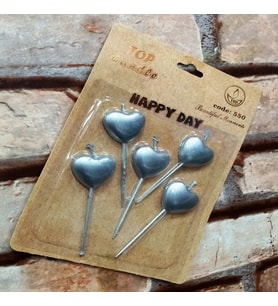 VIP SİLVER HEART HAPPY BIRTHDAY CANDLE 5 ADET METALİK GÜMÜŞ KALPLİ PASTA MUMU KALPLİ DOĞUM GÜNÜ MUMU