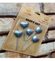 VIP SİLVER HEART HAPPY BIRTHDAY CANDLE 5 ADET METALİK GÜMÜŞ KALPLİ PASTA MUMU KALPLİ DOĞUM GÜNÜ MUMU