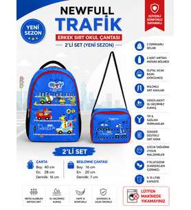 NEWFULL TRAFİK BASKILI ERKEK SIRT OKUL ÇANTASI-2'Lİ SET (YENİ SEZON)-MAVİ (Siyah-Kırmızı)