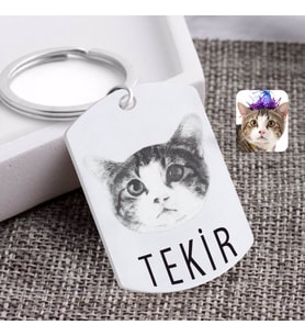 BK Gift Kişiye Özel Karakalem Evcil Dost Kedi Pleksi Anahtarlık (Beyaz)