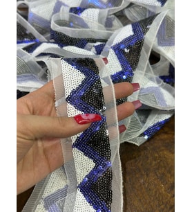 PUL PAYETLİ MAVİ SİYAH BEYAZ DESENLİ ŞERİT DİKİŞ GİYİM AKSESUARI EN 4 CM (1 METRE )