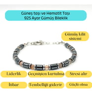 Sertifikalı Güneş Taşı ve Hematit  925 Ayar Doğal Taş Gümüş Bileklik 4mm