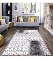 Beyaz Zemin Geometrik Petek Desen Yıkanabilir Kaymaz Taban Leke Tutmaz Modern Salon Halısı ve Yolluk (Beyaz-Gri)