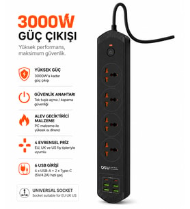 QASUL 10 Girişli 4+4 USB + 2 Type-C Çoklu Priz 2 M Kablolu Akım Korumalı Anahtarlı Uzatma Grup Priz 3000w