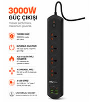 QASUL 10 Girişli 4+4 USB + 2 Type-C Çoklu Priz 2 M Kablolu Akım Korumalı Anahtarlı Uzatma Grup Priz 3000w