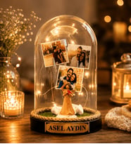 Kişiye Özel Yazılı ve 3 Fotoğraflı LED Işıklı Şans Melekli Fanus Doğum Günü Hediyesi Sevgiliye Hediye