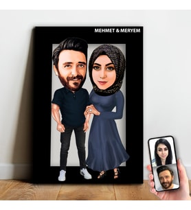 Kişiye Özel Sevgili , Evli Tesettürlü Karikatür Ahşap Tablo - mx12