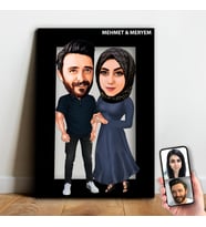 Kişiye Özel Sevgili , Evli Tesettürlü Karikatür Ahşap Tablo - mx12