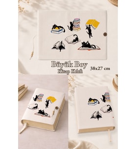 Kitapsever Kediler Playful Black Cats 38x27 cm Büyük Boy Kitap Kılıfı Orta Boy, Hafız Boy ve Rahle Boy Kur'an Uyumlu