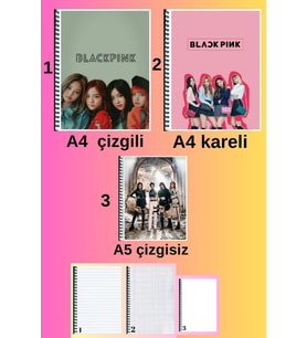 blackpink 3 adet defter seti A4 büyük boy 72 sayfa çizgili_kareli + A5 çizgisiz defter seti