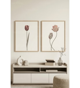 Minimalist Toprak Tonları Lale Desenli 2’li Ahşap Çerçeveli Tablo Seti